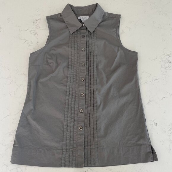 Pure Alfred Sung Sleeveless Button Down Pleat Detailed Cotton Blouse Grey Sz S - Picture 1 of 10